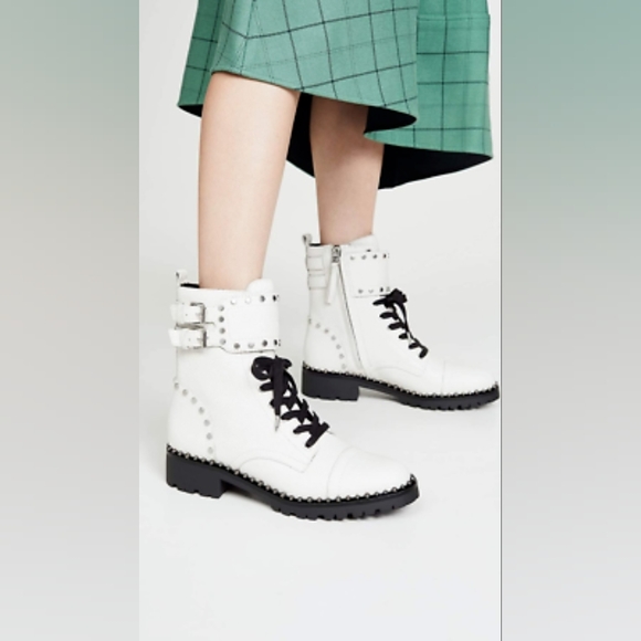 Sam Edelman "Jennifer" leather moto combat boots - 8 - white/black/silver - Picture 2 of 14